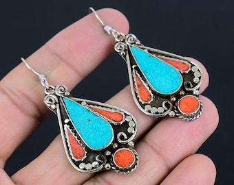 Handmade Turquoise Coral Tibetan Silver Earrings: Ethnic Dangle Jewelry