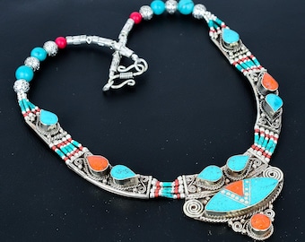 Tibetan Turquoise & Red Coral Necklace: Handmade Silver Bohemian Jewelry