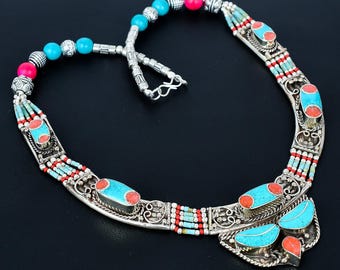 Tibetan Turquoise & Red Coral Necklace: Bohemian Silver Jewelry