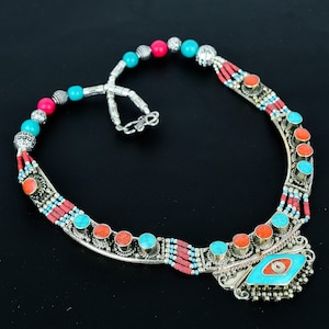 Red Coral Turquoise Tibetan Silver Necklace: Handmade Tribal Jewelry