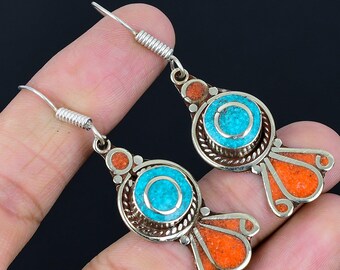 Turquoise Coral Tibetan Silver Earrings: Bohemian Handmade Boho Drop Dangle Nepali Jewelry NE-5254