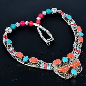 Red Coral Turquoise Tibetan Silver Necklace: Handmade Ethnic Bohemian Jewelry