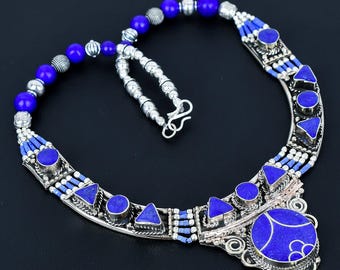 Handmade Lapis Lazuli Tibetan Silver Necklace: Nepali Beaded Jewelry NN-6942