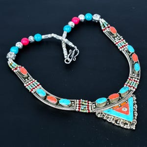Red Coral Turquoise Tibetan Silver Necklace: Handmade Tribal Jewelry