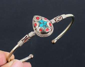 Handmade Turquoise & Red Coral Cuff Bracelet: Tibetan Silver Bangle