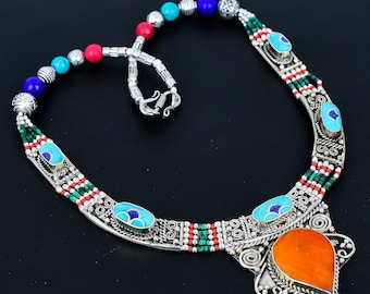 Collier tibétain fait main en argent : corail, turquoise, lapis-lazuli et perles de malachite, bijoux bohèmes