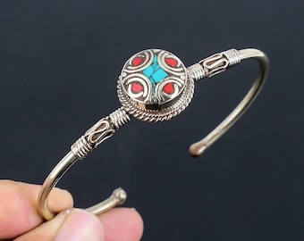 Turquoise Red Coral Cuff Bracelet: Tibetan Silver Adjustable Bangle