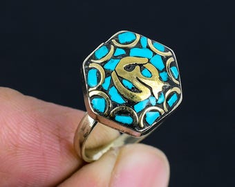 Turquoise Tibetan Silver Ring: Adjustable Boho Tribal Jewelry