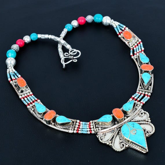 Handmade Tibetan Silver Necklace: Turquoise & Coral Beads - Etsy