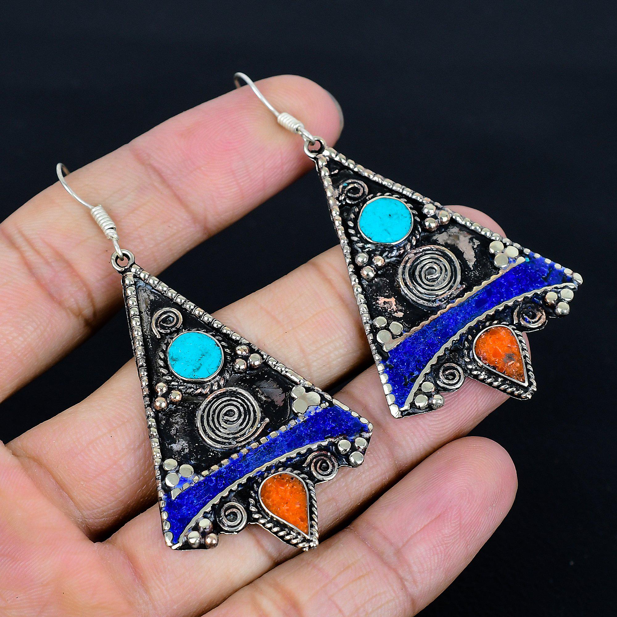 Turquoise Coral Lapis Lazuli Earrings: Tibetan Silver Dangle Drop