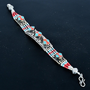 Red Coral With Turquoise Bracelet Tibetan Silver Bracelet Handmade Jewelry Antique Design Nepali Bracelet Bohemian Jewelry Best Gift For Him