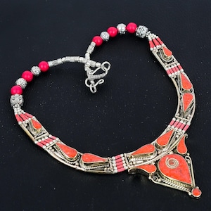 Handmade Red Coral Tibetan Silver Necklace: Ethnic Tribal Jewelry