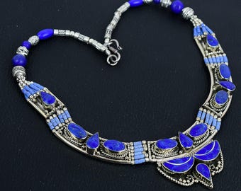 Handmade Lapis Lazuli Tibetan Silver Necklace: Tribal Charm Jewelry