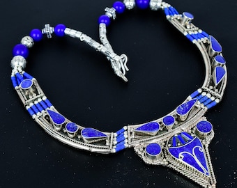 Lapis Lazuli Tibetan Silver Necklace, Handmade Tribal Charm Jewelry