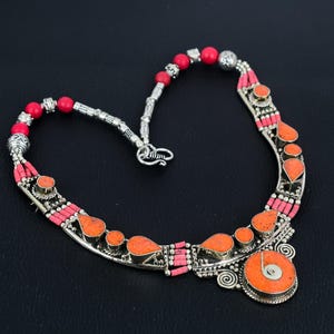 Handmade Red Coral Tibetan Silver Necklace: Nepalese Statement Jewelry