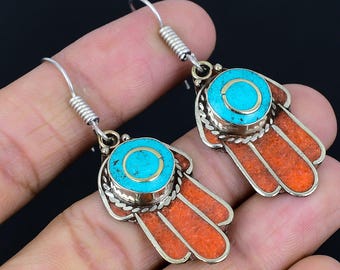 Turquoise Coral Tibetan Silver Earrings: Bohemian Boho Drop Dangle Nepali Handmade Jewelry NE-5384