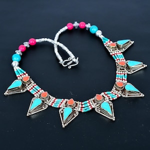 Turquoise & Red Coral Tibetan Silver Necklace: Handmade Bohemian Jewelry