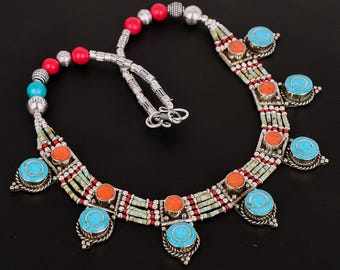 Turquoise & Red Coral Tibetan Silver Necklace 18 Inch - Handmade Bohemian Jewelry NN-7002