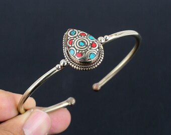 Turquoise Red Coral Cuff Bracelet: Handmade Tibetan Silver Bangle