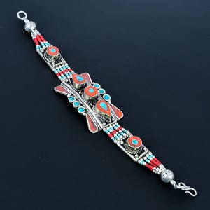 Turquoise Bracelet Red Coral Bracelet Tibetan Silver Bracelet Handmade Jewelry Exotic Style Nepali Bracelet Bohemian Jewelry Gift For Friend