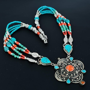 Handmade Coral Turquoise Necklace: Tibetan Silver Afghani Tribal Jewelry