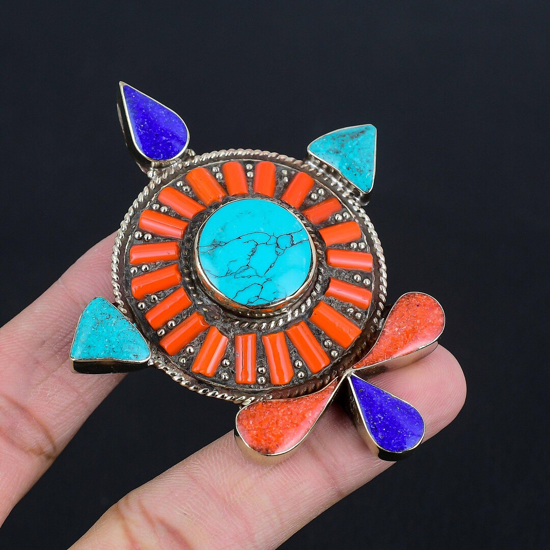 Pendentif Kalachakra Tibétain Argent 925, Turquoise Et Corail Rouge Import Nepal. Boutique Zen Himalayan Eshop 1 50x50