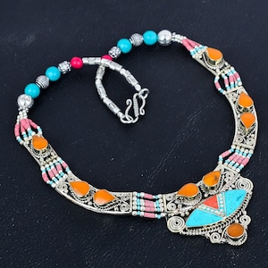 Turquoise, Yellow Coral Necklace Tibetan Silver Necklace Handmade Charm Jewelry Nepali Bohemian Necklace Asian Necklace Gift For Her PT-1266