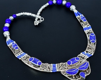 Lapis Lazuli Tibet Silber Halskette: Handgemachter Stammes-Schmuck