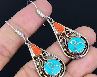 Handmade Turquoise Coral Tibetan Silver Earrings: Bohemian Boho Drop Dangle Nepali Jewelry NE-5392