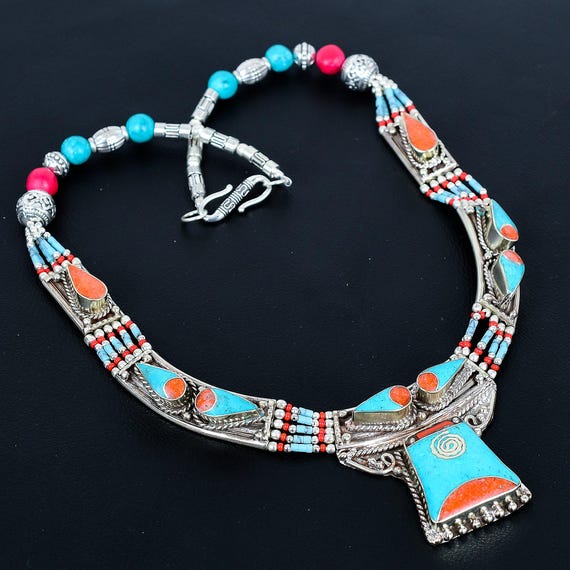 Turquoise With Red Coral Necklace Tibetan Silver Bohemian Nepali