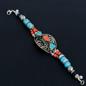 Red Coral Bracelet Turquoise Bracelet Tibetan Silver Bracelet Handmade Jewelry Amazing Nepali Bracelet Bohemian Jewelry Special Gift For Mom