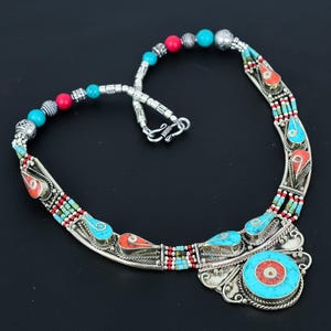Red Coral Necklace Turquoise Necklace Tibetan Silver Necklace Handcrafted Jewelry Tibetan Traditional Necklace Nepali Jewelry Gift For Crush