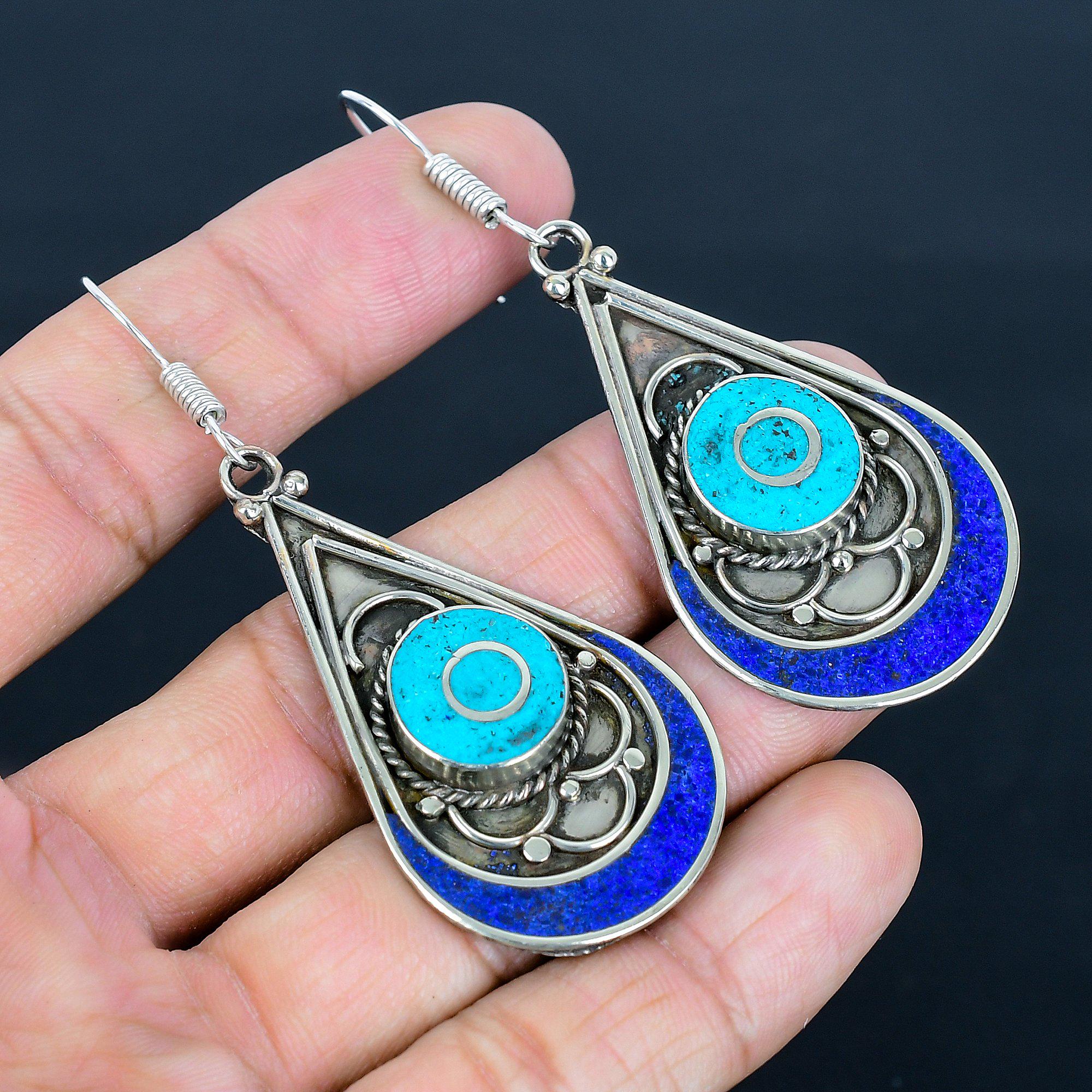 Turquoise Lapis Lazuli Dangle Earrings: Tibetan Silver Boho Charms