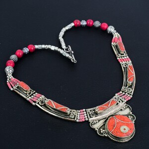Red Coral Tibetan Silver Necklace: Handmade Tribal Boho Jewelry