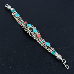 Turquoise With Red Coral Bracelet Tibetan Silver Bracelet Handmade Jewelry Beautiful Nepali Bracelet Bohemian Jewelry Special Gifts For Wife