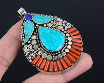 Turkoois, rood koraal met lapis lazuli hanger Tibetaans zilveren hanger Tribal sieraden Handgemaakte sieraden Boho Nepal hanger cadeau voor moeder