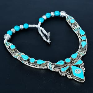 Turquoise Necklace Tibetan Silver Necklace Handmade Elegant Necklace Tibetan Bohemian Jewelry Antique Design Necklace Birthday Gift For Love