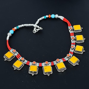 Yellow & Red Coral Necklace Turquoise Necklace Tibetan Silver Necklace Handmade Tibetan Traditional Necklace Statement Jewelry Gift For Wife