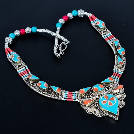 Antique Handmade Turquoise & Red Coral Necklace: Tibetan Silver