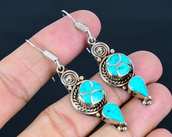 Boucles D'oreilles Népalaises Ethniques - Turquoise Et Corail, Argenté, Fait Main, 2,4 Pouces