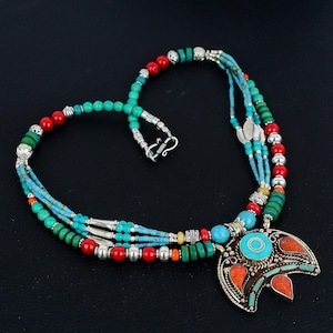 Handmade Turquoise & Coral Tibetan Silver Necklace: Afghan Tribal Jewelry