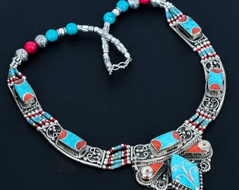 Handgemachte Tibet Silber Kette: Türkis & Koralle Boho Schmuck