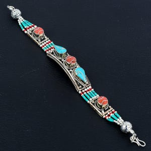 Red Coral Bracelet Turquoise Bracelet Tibetan Silver Bracelet Handmade Jewelry Antique Design Nepali Bracelet Bohemian Jewelry Gift For Love