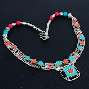 Red Coral Necklace Turquoise Necklace Tibetan Silver Necklace Handmade Nepali Necklace Tibetan Tribal Jewelry Bohemian Necklace Gift For Mom