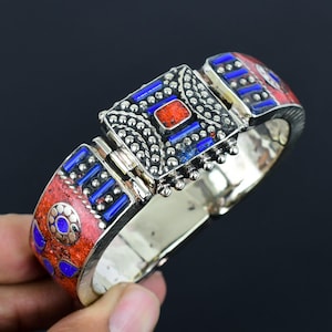 Red Coral Cuff Lapis lazuli Cuff Tibetan Silver Bracelet Cuff Handmade Bangle Vintage Look Nepali Jewelry Nepalese Cuff Special Gift For Mom