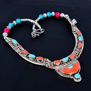 Red Coral Turquoise Tibetan Silver Necklace: Handmade Tribal Jewelry