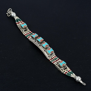 Turquoise Bracelet Red Coral Bracelet Tibetan Silver Bracelet Handmade Jewelry Antique Design Nepali Bracelet Bohemian Jewelry Gifts For Mom