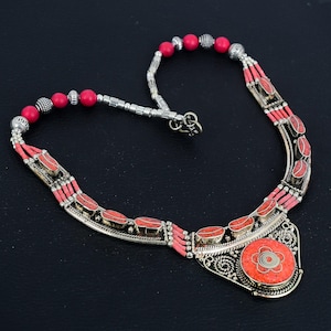 Red Coral Necklace Tibetan Silver Necklace Handmade Bohemian Necklace Tibetan Nepalese Jewelry Charm Tribal Necklace Lovely Gift For Sister