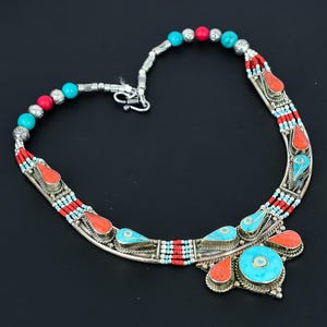 Turquoise Necklace Red Coral Necklace Tibetan Silver Necklace Handmade Jewellery Nepali Bohemian Necklace Unique Design Jewelry Gift For Mom