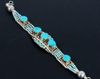 Bracelet Tibétain En Turquoise - Main Verte, Plaqué Argent, Style Bohème (7 Pouces)